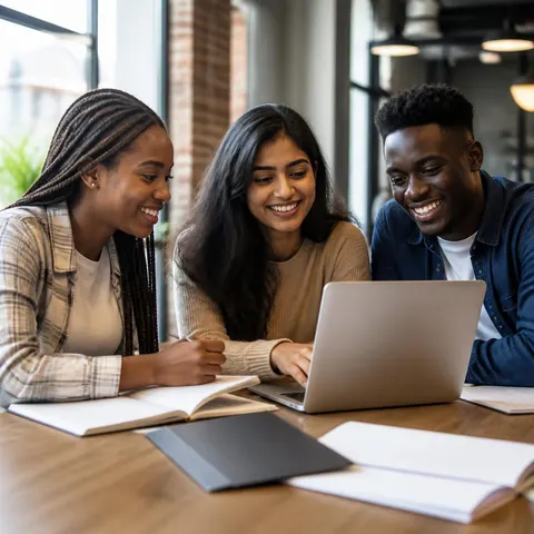 Three students working together at a table with a laptop and open notebooks