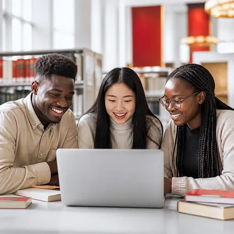 Three students studying together around a laptop in a library