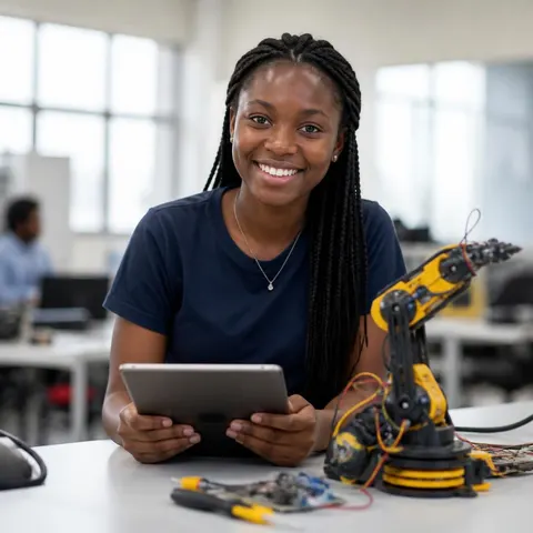 Woman holding a tablet beside a robotic arm in an engineering workshop