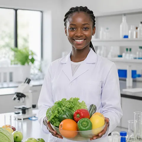 Woman in a lab coat holding a bowl of fresh vegetables in a laboratory
