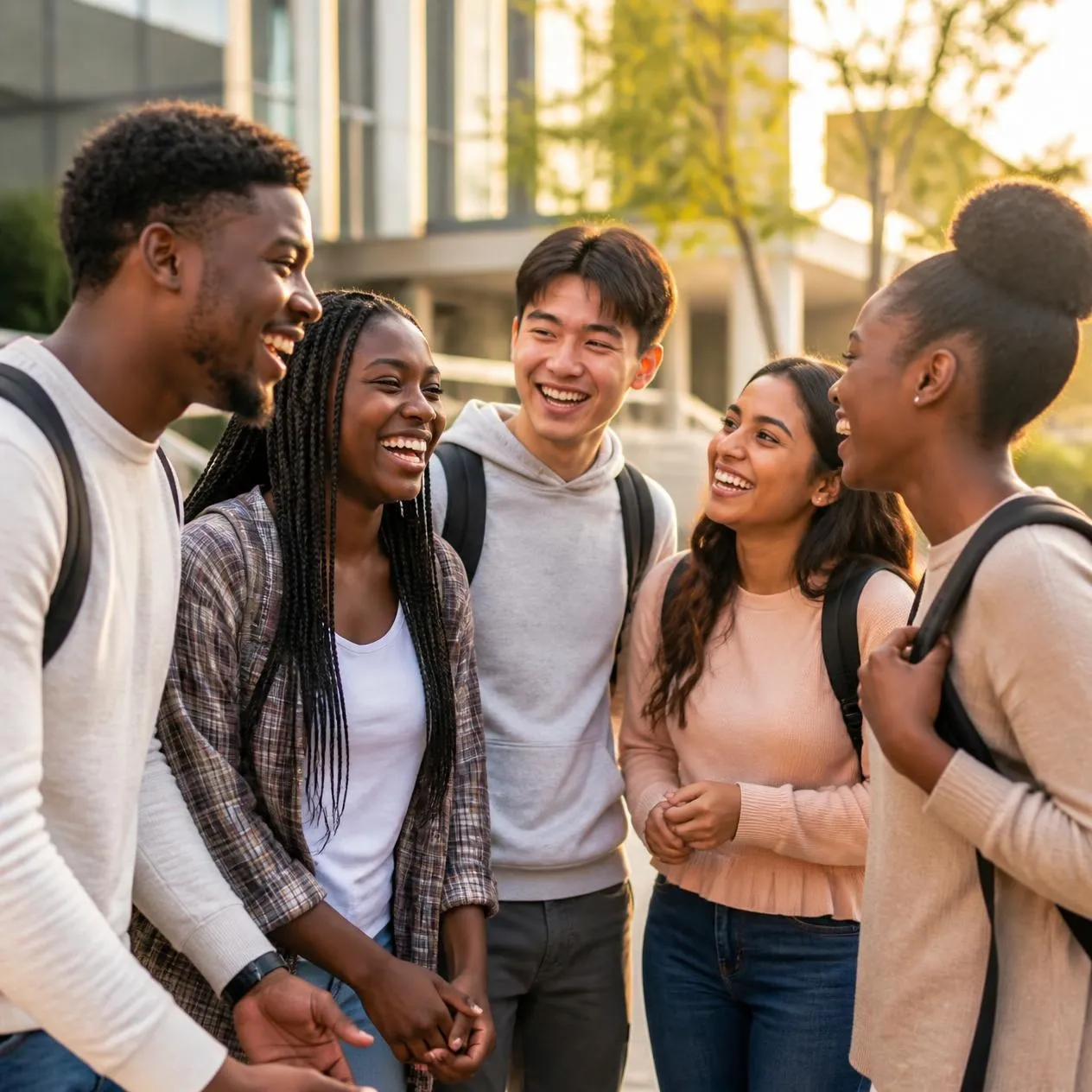 Five students smiling and talking together outdoors with backpacks