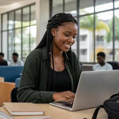 Woman working on a laptop at a study table