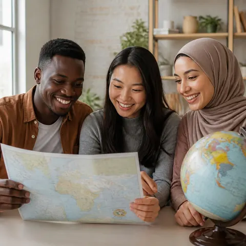 Three students examining a world map beside a globe